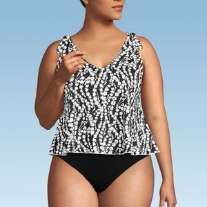 Lands End V Neck Flutter Floral Tankini Swim Top Black White 22W